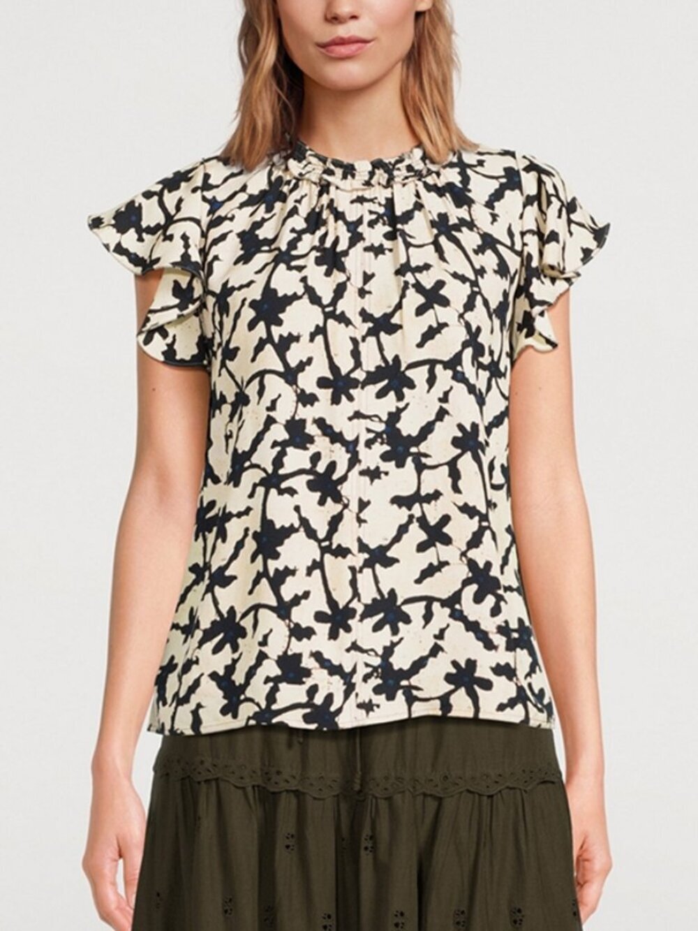 Ulla Johnson Julia Cream Black Floral Ruffle Sleeve Blouse Size 4